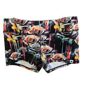 Wodbottom Size XL CrossFit Shortie Shorts Black Graffiti Rose Print Micro Gym